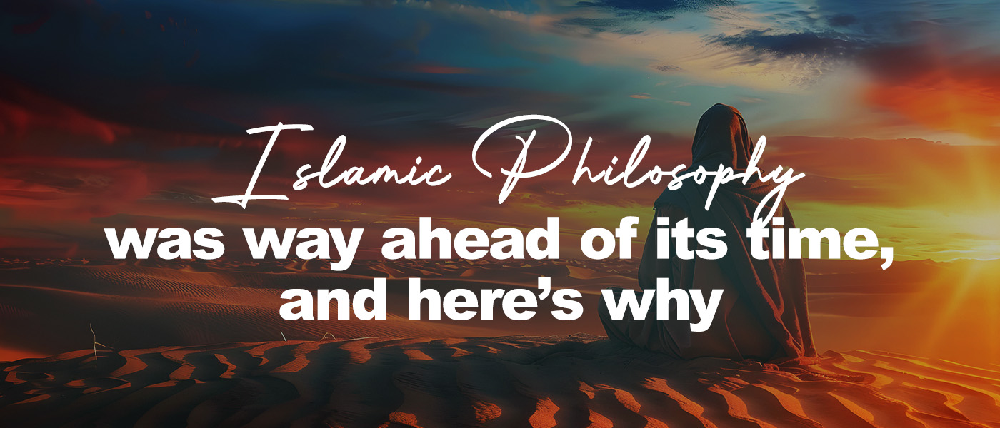 A lone figure dressed in traditional desert clothing sits on a sand dune at sunset, gazing toward the horizon. The sky is painted with vivid shades of orange, red, and blue, casting warm light across the rippled sand. The vast desert stretches endlessly into the distance, creating a serene and contemplative atmosphere.