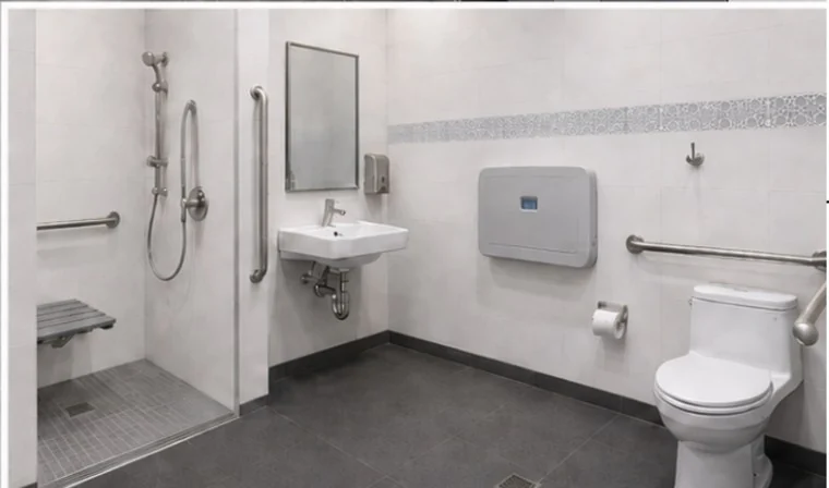 Accessible family restroom with shower, grab bars, sink, changing station and toilet