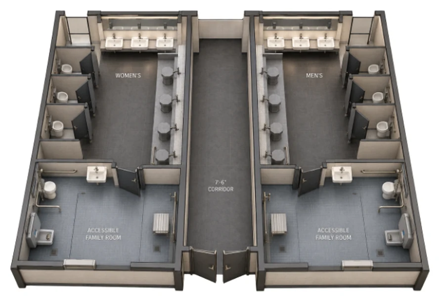 Three-dimensional floor plan of the proposed men’s, women’s and accessible family facilities